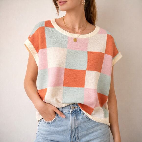 Soadimallsu Sweaters - Oversized Soft Girl Checker Cap Sleeve Sweater Womens Boxy Pastel Knit Large NWT